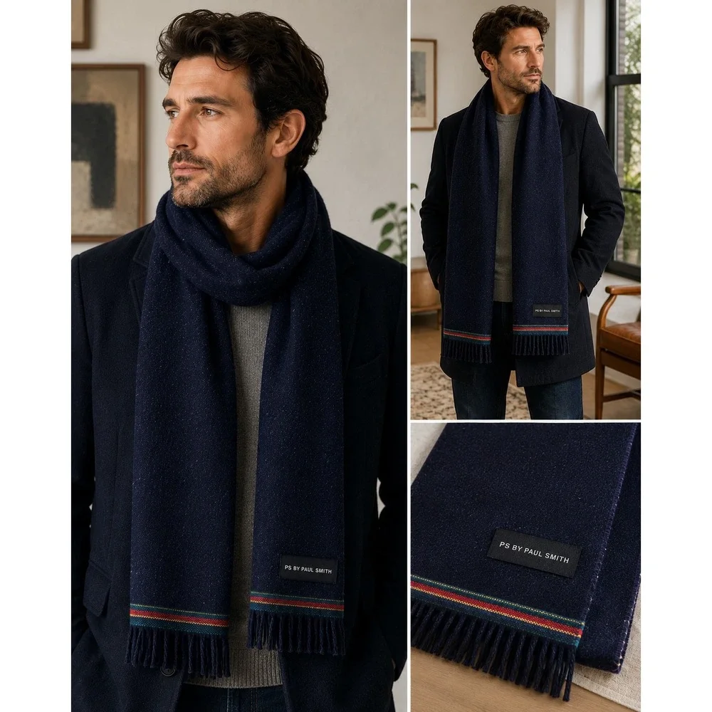 PS by Paul Smith Mens Navy Blue Speckled Wool Scarf Italy Fringe Multi Stripe